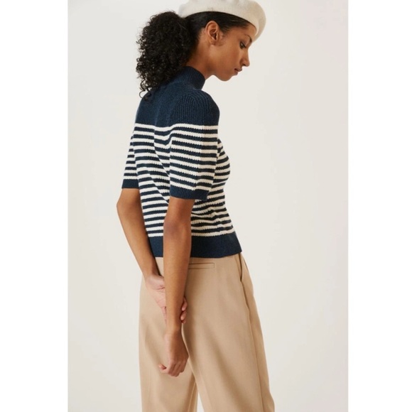 Maeve Stripe Sweater Puff Tee Nautical Navy Blue Sailor Short Sleeve Top Anchor - Picture 3 of 14